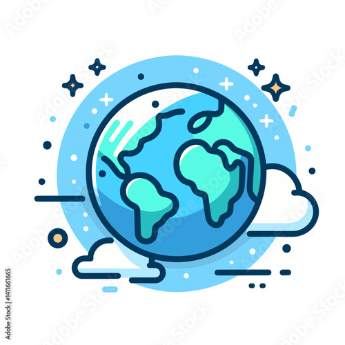 Earth globe with clouds in blue circular background. Ideal for environmental causes, global initiatives, and international business concepts.