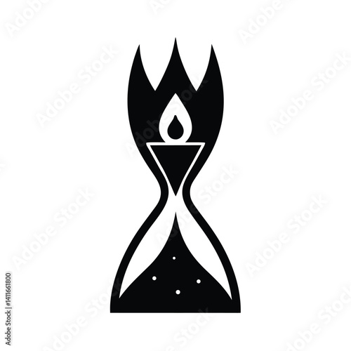 Symbolic hourglass with flame, representing time and change.