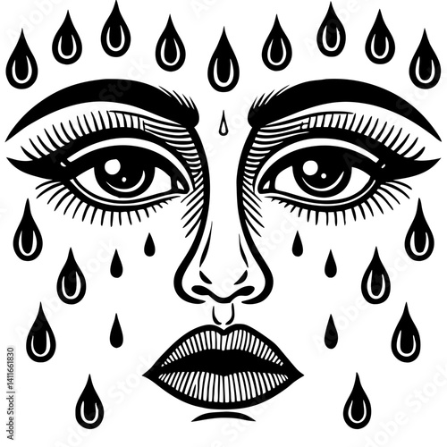 Emotional Face with Tear Drops for Tattoo Design and Coloring Book Inspiration