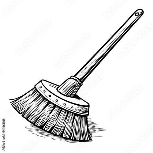 Detailed Black and White Illustration of a Classic Broom for Home Cleaning and Design Projects