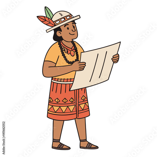 Cultural Character Reading Map in Traditional Attire with Feathered Hat and Beaded Necklace