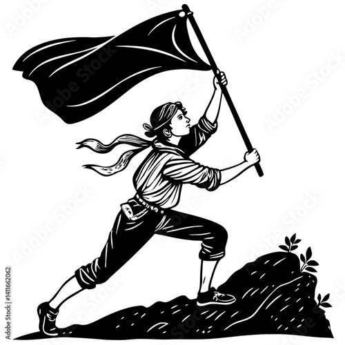 Empowered Woman Climbing Mountain with Flag Symbolizing Strength and Determination