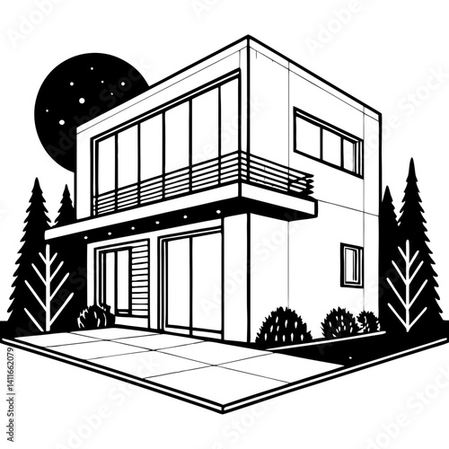 Modern House Design Minimalist Architecture Trees Moon Illustration
