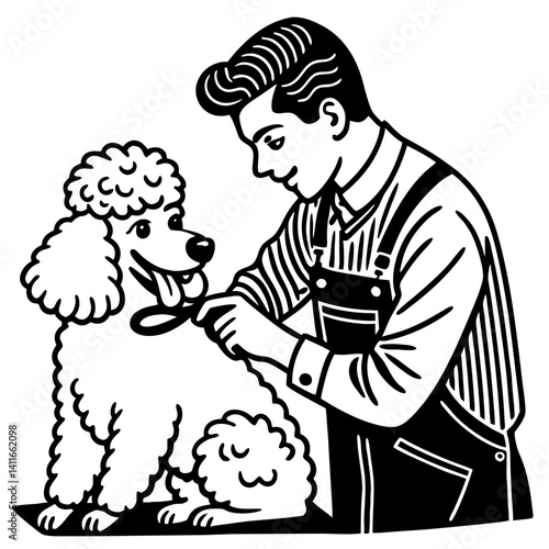 Grooming Poodle by a Professional Dog Groomer in Vintage Style Vector Graphic for Pet Care Branding