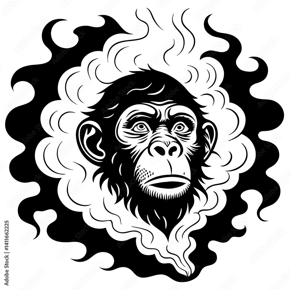 Bold Monkey Face Surrounded by Swirling Smoke Ideal for Tattoo Designs and Graphic Art Bold Monkey Face Surrounded by Swirling Smoke Ideal for Tattoo Designs and Graphic Art