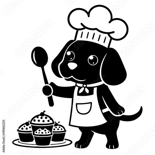 Cute Cartoon Dog Chef Holding Spoon and Serving Cupcakes Perfect for Kids Illustrations