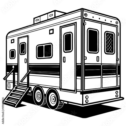 Detailed Vector Illustration of a Travel Trailer with Steps and Multiple Doors for Design Use