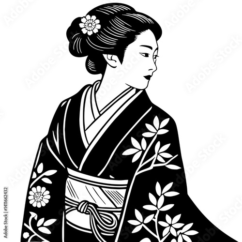 Elegant Japanese Geisha in Traditional Kimono with Floral Patterns for Tattoo and Design Inspiration