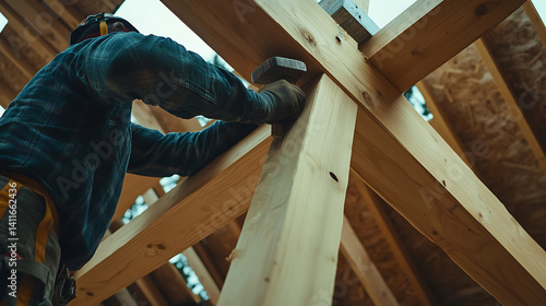Timber framer securing wooden rafters in a rustic cabin build. Featuring craftsmanship and natural materials
