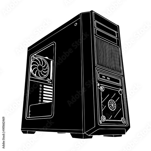 Detailed Vector Illustration of High-Performance Computer Tower Case Design for Technical Graphics