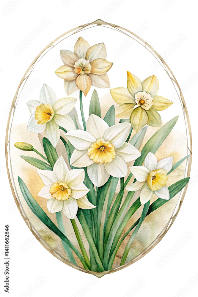 Watercolor Painting of Daffodils in an Oval Frame a Springtime Floral Arrangement Watercolor Painting of Daffodils in an Oval Frame a Springtime Floral Arrangement
