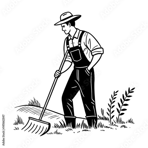 Vintage Farmer Tending to Garden with Rake in Hands Illustrative Line Art Design