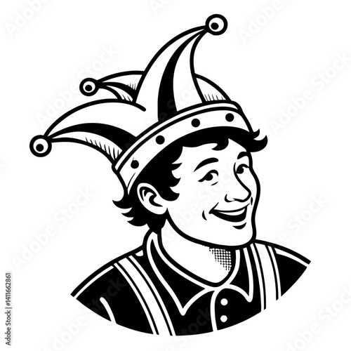 Playful Jester Character Smiling with Whimsical Hat for Tattoo and Graphic Design