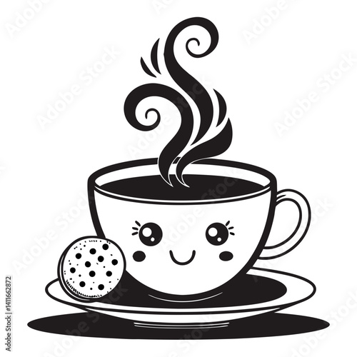 Cute Coffee Cup with Smiling Face and Steaming Aroma for Fun Designs and Illustrations