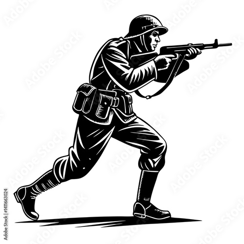 Dynamic World War Soldier in Action with Rifle Vector Illustration for Military Themes