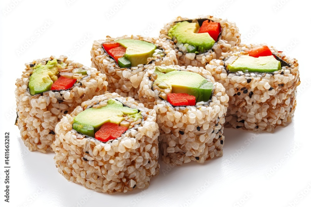 Freshly Prepared Sushi Rolls with Avocado, Cucumber, and Red Pepper Served on a White Background for a Vibrant and Healthy Food Concept Image Freshly Prepared Sushi Rolls with Avocado, Cucumber, and Red Pepper Served on a White Background for a Vibrant and Healthy Food Concept Image