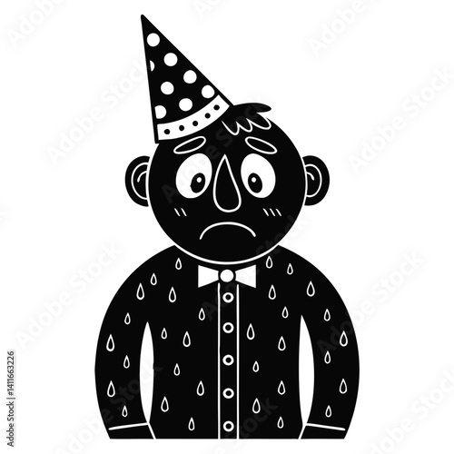 Sad Cartoon Character Wearing Party Hat with Sweaty Expression for Fun Designs
