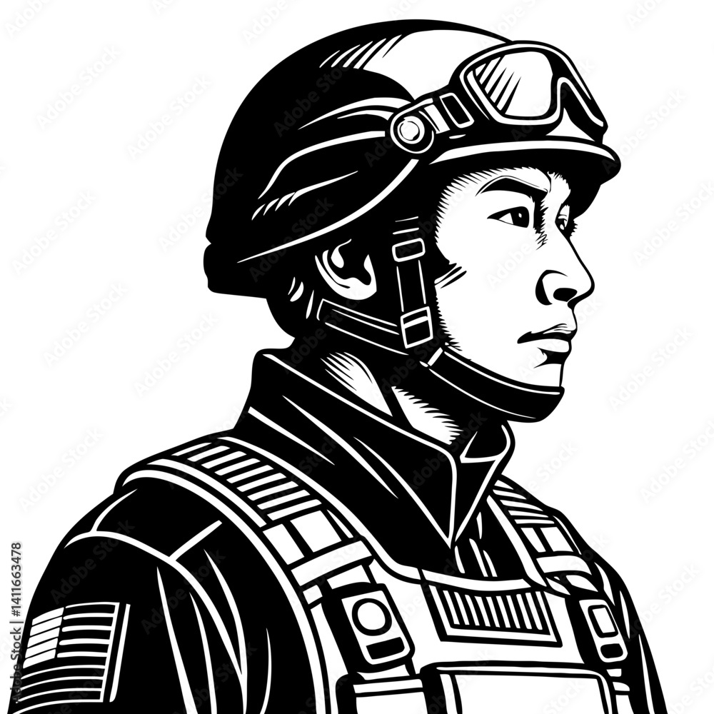 Obraz premium Profile of a Determined Soldier in Tactical Gear for Military Art and Design Projects