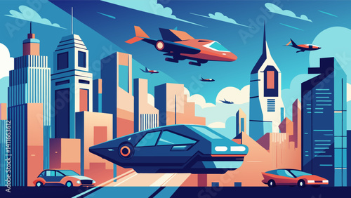 In a bustling metropolis of flying cars and bustling skyscraperapers a fleet of autonomous air taxis whizz past each other their elegant design and advanced technology captivating the. Vector