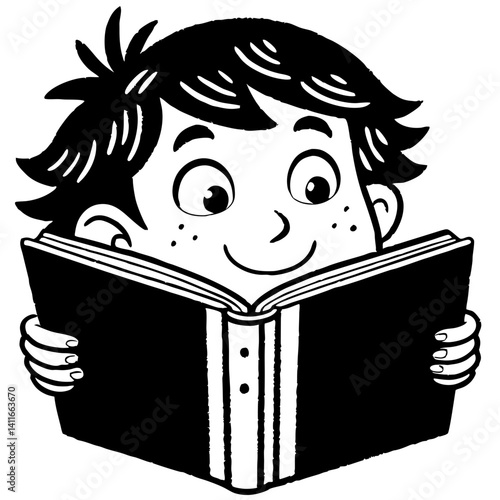 Happy Boy Reading a Book Cartoon Character Illustration for Educational Materials