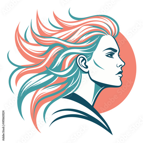 Vintage Woman Profile with Flowing Hair and Round Background for Tattoo or Design Inspiration