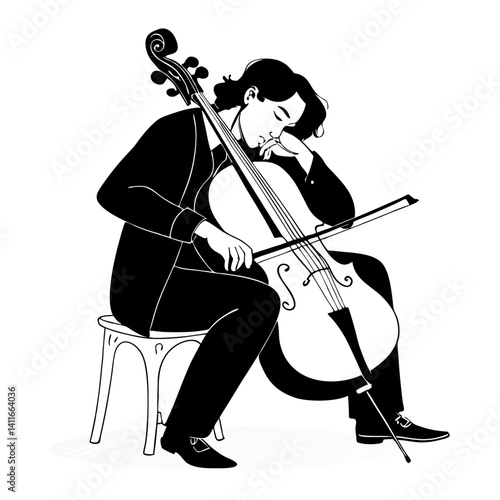 Cellist Playing Emotionally on a Chair in Elegant Attire Musician Vector Illustration