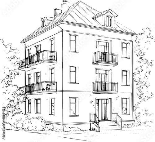 Co-housing building blueprint line art, Co-housing building illustration art