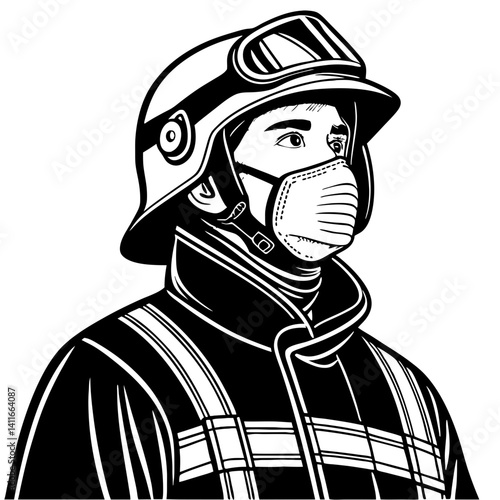 Portrait of a Resilient Firefighter in Protective Gear Wearing a Face Mask for Safety