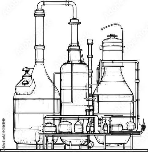 Blueprint design of Distillery, Distillery line art illustration art