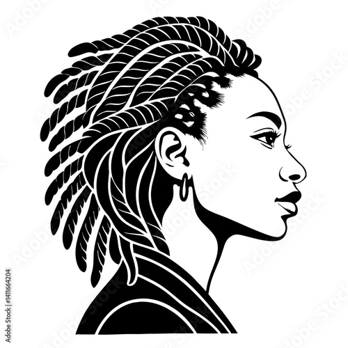 Stylish Silhouette of a Woman with Braided Hairstyles for Tattoo and Graphic Design