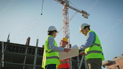 Female and males builders in helmets and vests discussing blueprints at construction site. Cranes in background. Outdoor teamwork of engineer, architect, builder, contractor. Men and woman at work.