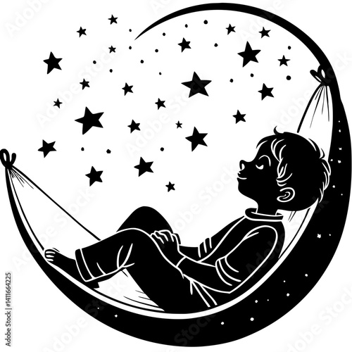 Dreaming Boy in Hammock under Starry Night Sky Vector Illustration