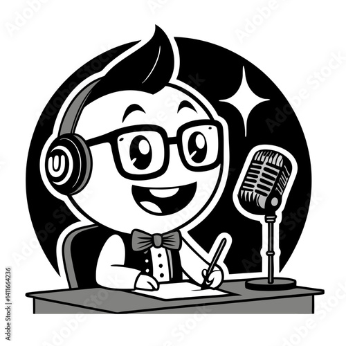 Cheerful Cartoon Character with Headphones Writing in Front of Microphone for Podcasting Illustration
