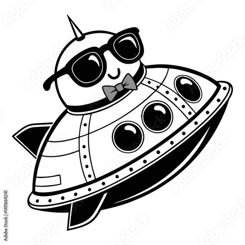 Cute Cartoon Spaceship with Sunglasses and Bowtie Character Fun Graphic for Kids Crafts
