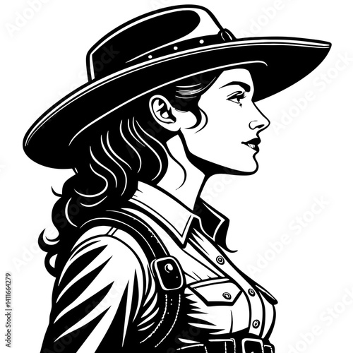Cowgirl Portrait Illustration Vintage Style Wild West Rodeo Art for Tattoo and Decor