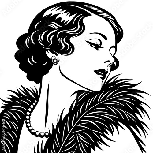 Elegant Vintage Woman with Feather Boa and Pearls Retro Glamour Vector Design