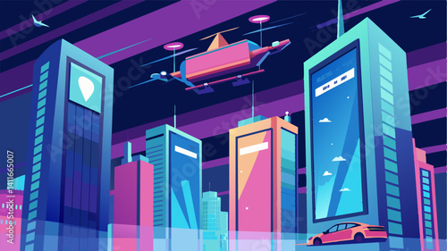A the glittering towers a massive holographic billboard projects the latest adver for the newest air taxi models promising a more luxurious and efficient ride.. Vector illustration