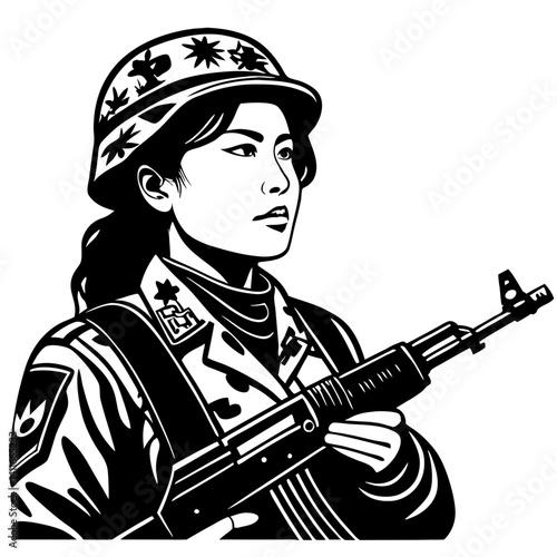 Military Woman Soldier Illustration with Gun in Camouflage Uniform for Artwork and Design