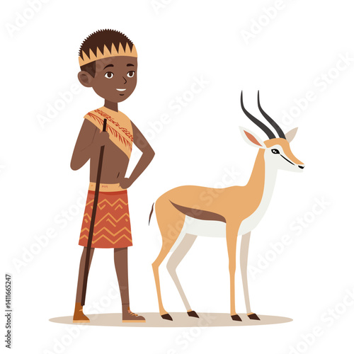 African Boy with Traditional Attire Standing Beside Antelope Wildlife Illustration