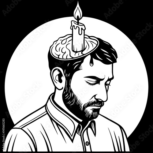Thoughtful Man with Candle and Brain Symbolizing Creative Ideas and Mental Reflection