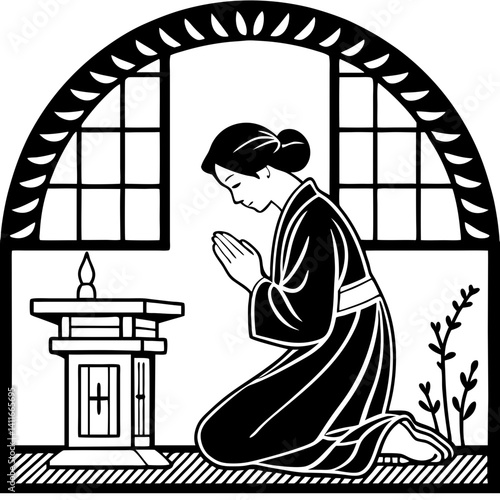 Serene Asian Woman Praying in Traditional Robes Vector Art for Meditation and Spirituality Design