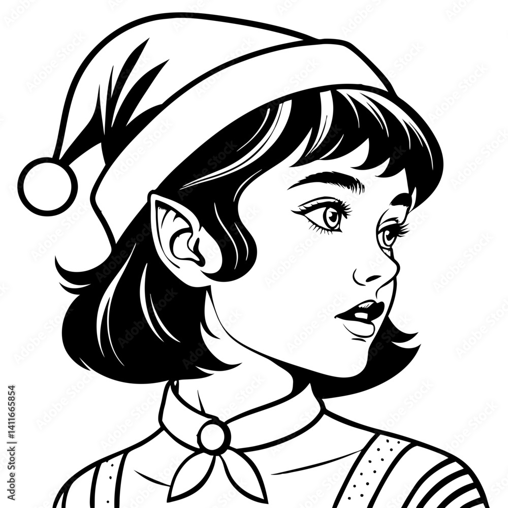 Whimsical Christmas Elf with Short Black Hair and Santa Hat for Tattoo and Coloring Book Designs Whimsical Christmas Elf with Short Black Hair and Santa Hat for Tattoo and Coloring Book Designs