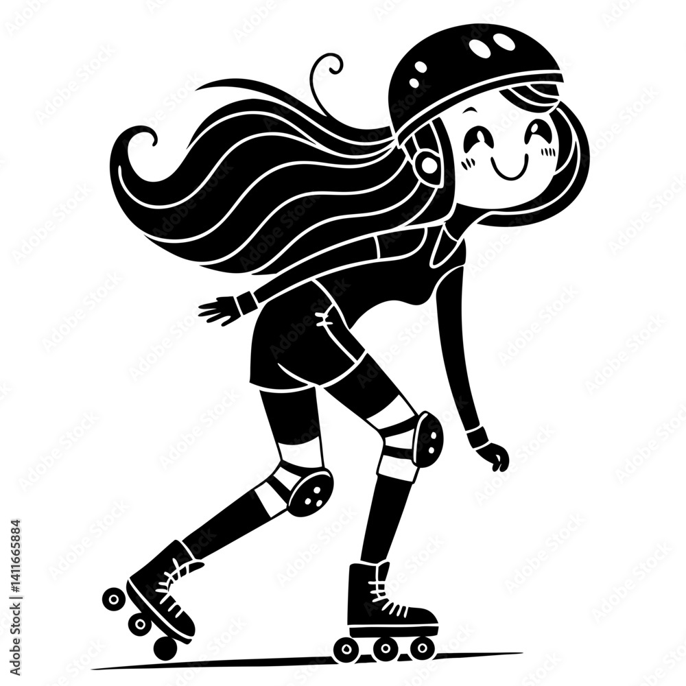 Obraz premium Playful Young Girl Roller Skating with Long Hair and Helmet in Dynamic Motion