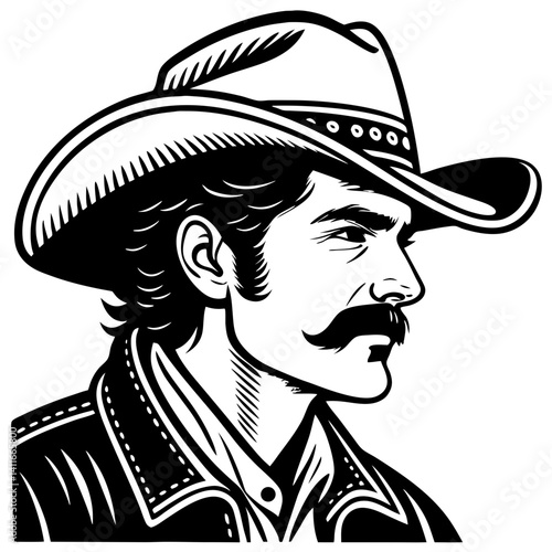 Detailed Cowboy Profile in Vintage Style Perfect for Tattoo Design and Illustrative Art