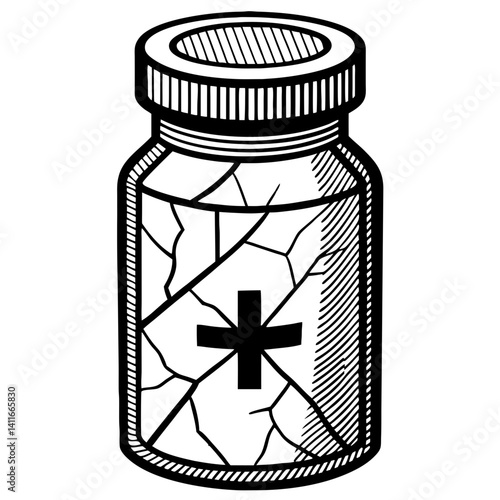 Cracked Vintage Medicine Bottle with Cross Symbol for Tattoo Design and Graphic Projects