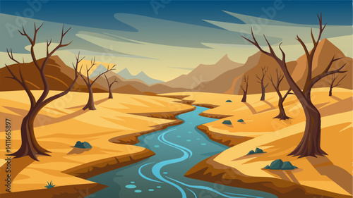 The desolate riverbanks once home to a thriving ecosystem now silent and lifeless in the face of the drought.. Vector illustration