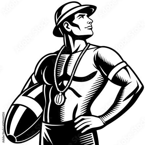 Confident Male Athlete Holding Rugby Ball Wearing Hat and Necklace Vector Illustration