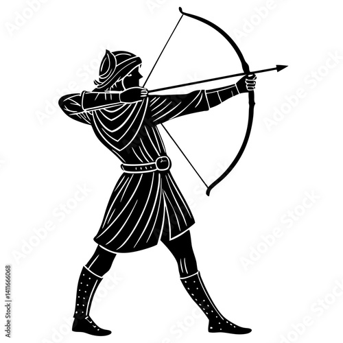 Silhouette of an Archer in Historic Attire with Bow and Arrow Ready to Shoot