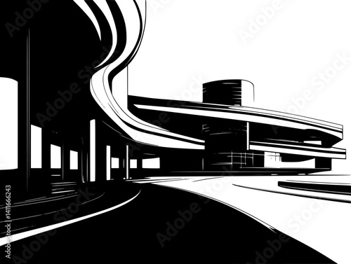 Fantasy architecture of Bus station, Bus station vector graphic