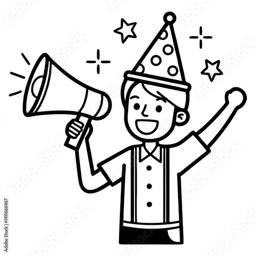 Cheerful Boy Wearing Party Hat Holding Megaphone Celebrating with Stars and Sparkles